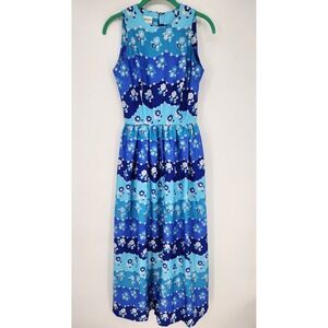 Vintage 70s John Meyer Floral Maxi Dress Size 8 Blue Sleeveless Long Mod Boho